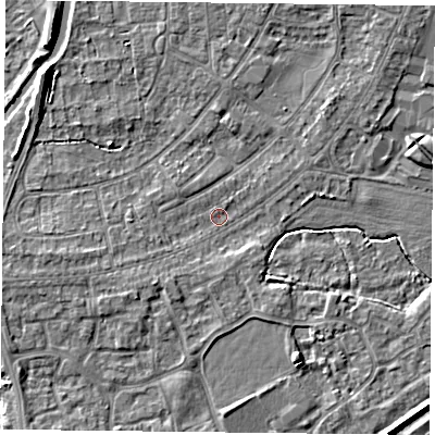 Shaded relief map of the ground around YO88AZ, computed from Environment Agency LiDAR. The ground here sits at about 5 m above sea level and falls 6 m across the surrounding 800 m. Surface water reaching this point runs off ground lying to the north-west, 4.9 m higher.