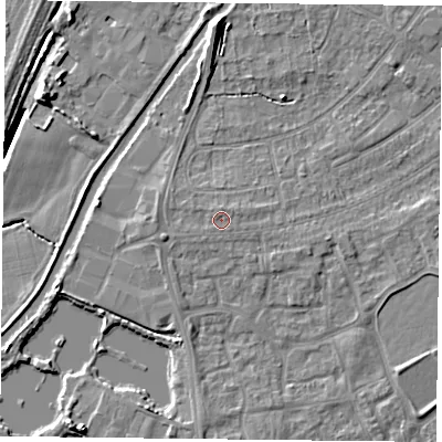 Shaded relief map of the ground around YO88BA, computed from Environment Agency LiDAR. The ground here sits at about 7 m above sea level and falls 7 m across the surrounding 800 m. Surface water reaching this point runs off ground lying to the north, 0.7 m higher.