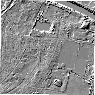 Shaded relief map of the ground around YO88BB, computed from Environment Agency LiDAR. The ground here sits at about 5 m above sea level and falls 8 m across the surrounding 800 m. The ground contributing surface water to this point lies to the north-east.