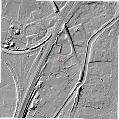 Shaded relief map of the ground around YO88BD, computed from Environment Agency LiDAR. The ground here sits at about 5 m above sea level and falls 9 m across the surrounding 800 m. Surface water reaching this point runs off ground lying to the west-south-west, 3.5 m higher.