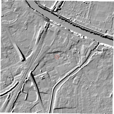 Shaded relief map of the ground around YO88BE, computed from Environment Agency LiDAR. The ground here sits at about 5 m above sea level and falls 11 m across the surrounding 800 m. Surface water reaching this point runs off ground lying to the west-south-west, 6.9 m higher.