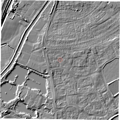 Shaded relief map of the ground around YO88BF, computed from Environment Agency LiDAR. The ground here sits at about 6 m above sea level and falls 7 m across the surrounding 800 m. Surface water reaching this point runs off ground lying to the north-west, 1.5 m higher.