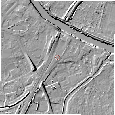 Shaded relief map of the ground around YO88BG, computed from Environment Agency LiDAR. The ground here sits at about 6 m above sea level and falls 11 m across the surrounding 800 m. Surface water reaching this point runs off ground lying to the north-north-east, 0.8 m higher.