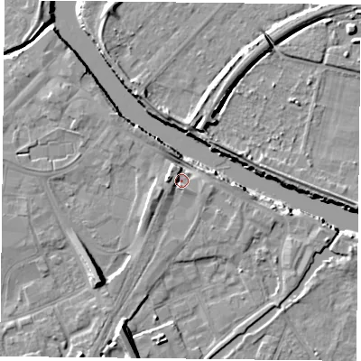 Shaded relief map of the ground around YO88BH, computed from Environment Agency LiDAR. The ground here sits at about 6 m above sea level and falls 11 m across the surrounding 800 m. Surface water reaching this point runs off ground lying to the north-west, 4.1 m higher.