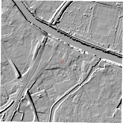 Shaded relief map of the ground around YO88BJ, computed from Environment Agency LiDAR. The ground here sits at about 6 m above sea level and falls 11 m across the surrounding 800 m. Surface water reaching this point runs off ground lying to the north-north-east, 0.7 m higher.