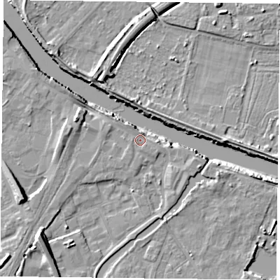 Shaded relief map of the ground around YO88BL, computed from Environment Agency LiDAR. The ground here sits at about 6 m above sea level and falls 11 m across the surrounding 800 m. Surface water reaching this point runs off ground lying to the north-north-west, 1.9 m higher.