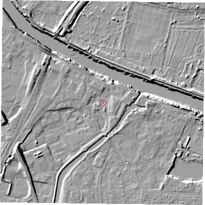 Shaded relief map of the ground around YO88BN, computed from Environment Agency LiDAR. The ground here sits at about 5 m above sea level and falls 11 m across the surrounding 800 m. Surface water reaching this point runs off ground lying to the north-west, 1.5 m higher.