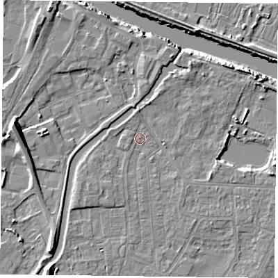 Shaded relief map of the ground around YO88BP, computed from Environment Agency LiDAR. The ground here sits at about 5 m above sea level and falls 11 m across the surrounding 800 m. Surface water reaching this point runs off ground lying to the south-west, 1.9 m higher.