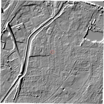 Shaded relief map of the ground around YO88BS, computed from Environment Agency LiDAR. The ground here sits at about 6 m above sea level and falls 11 m across the surrounding 800 m. Surface water reaching this point runs off ground lying to the west-north-west, 0.6 m higher.