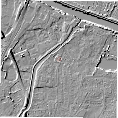 Shaded relief map of the ground around YO88BT, computed from Environment Agency LiDAR. The ground here sits at about 6 m above sea level and falls 11 m across the surrounding 800 m. Surface water reaching this point runs off ground lying to the south-south-west, 1.6 m higher.