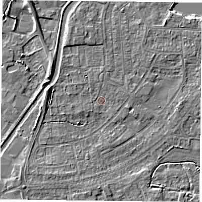 Shaded relief map of the ground around YO88BU, computed from Environment Agency LiDAR. The ground here sits at about 5 m above sea level and falls 6 m across the surrounding 800 m. Surface water reaching this point runs off ground lying to the west-north-west, 4.9 m higher.