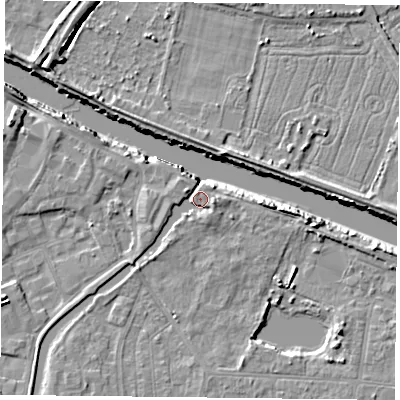 Shaded relief map of the ground around YO88BW, computed from Environment Agency LiDAR. The ground here sits at about 6 m above sea level and falls 8 m across the surrounding 800 m. Surface water reaching this point runs off ground lying to the east-south-east, 2.1 m higher.