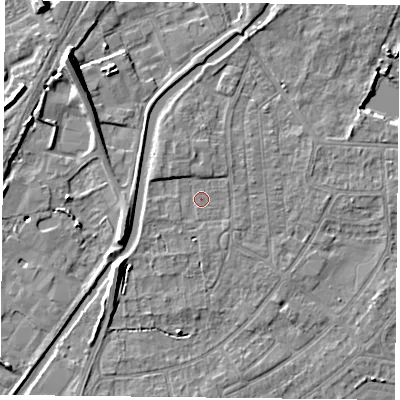 Shaded relief map of the ground around YO88BX, computed from Environment Agency LiDAR. The ground here sits at about 5 m above sea level and falls 8 m across the surrounding 800 m. Surface water reaching this point runs off ground lying to the south, 1.1 m higher.