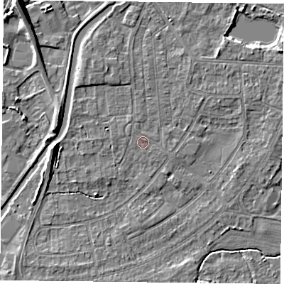 Shaded relief map of the ground around YO88BY, computed from Environment Agency LiDAR. The ground here sits at about 6 m above sea level and falls 8 m across the surrounding 800 m. The ground contributing surface water to this point lies to the east-south-east.