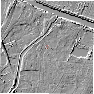 Shaded relief map of the ground around YO88BZ, computed from Environment Agency LiDAR. The ground here sits at about 5 m above sea level and falls 11 m across the surrounding 800 m. Surface water reaching this point runs off ground lying to the south-west, 1.6 m higher.