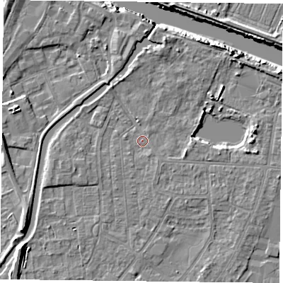Shaded relief map of the ground around YO88DA, computed from Environment Agency LiDAR. The ground here sits at about 5 m above sea level and falls 8 m across the surrounding 800 m. Surface water reaching this point runs off ground lying to the south-east, 1.0 m higher.