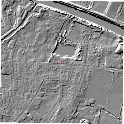 Shaded relief map of the ground around YO88DD, computed from Environment Agency LiDAR. The ground here sits at about 6 m above sea level and falls 8 m across the surrounding 800 m. Surface water reaching this point runs off ground lying to the south, 0.6 m higher.