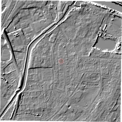 Shaded relief map of the ground around YO88DE, computed from Environment Agency LiDAR. The ground here sits at about 6 m above sea level and falls 11 m across the surrounding 800 m. The ground contributing surface water to this point lies to the west.