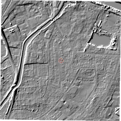 Shaded relief map of the ground around YO88DF, computed from Environment Agency LiDAR. The ground here sits at about 5 m above sea level and falls 10 m across the surrounding 800 m. The ground contributing surface water to this point lies to the west.