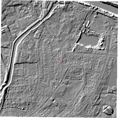 Shaded relief map of the ground around YO88DG, computed from Environment Agency LiDAR. The ground here sits at about 6 m above sea level and falls 8 m across the surrounding 800 m. Surface water reaching this point runs off ground lying to the east-north-east, 0.6 m higher.