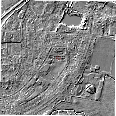Shaded relief map of the ground around YO88DH, computed from Environment Agency LiDAR. The ground here sits at about 5 m above sea level and falls 7 m across the surrounding 800 m. Surface water reaching this point runs off ground lying to the north, 1.4 m higher.
