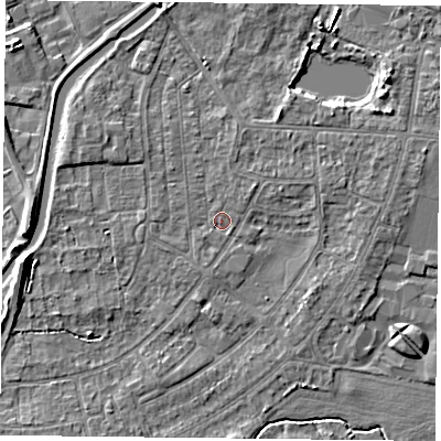 Shaded relief map of the ground around YO88DJ, computed from Environment Agency LiDAR. The ground here sits at about 5 m above sea level and falls 6 m across the surrounding 800 m. Surface water reaching this point runs off ground lying to the west-north-west, 1.8 m higher.