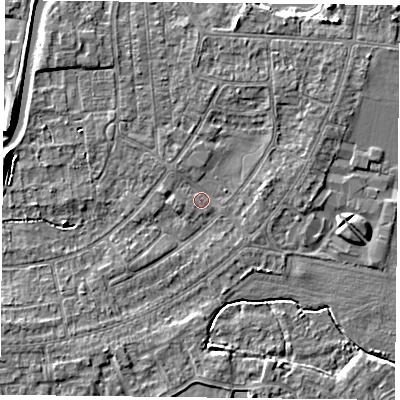 Shaded relief map of the ground around YO88DL, computed from Environment Agency LiDAR. The ground here sits at about 5 m above sea level and falls 6 m across the surrounding 800 m. Surface water reaching this point runs off ground lying to the west-north-west, 4.9 m higher.