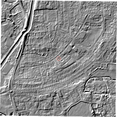 Shaded relief map of the ground around YO88DN, computed from Environment Agency LiDAR. The ground here sits at about 5 m above sea level and falls 6 m across the surrounding 800 m. Surface water reaching this point runs off ground lying to the south-west, 2.5 m higher.