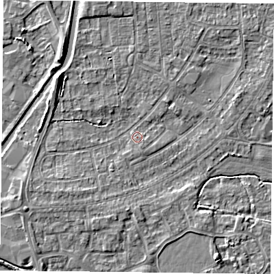 Shaded relief map of the ground around YO88DP, computed from Environment Agency LiDAR. The ground here sits at about 5 m above sea level and falls 6 m across the surrounding 800 m. Surface water reaching this point runs off ground lying to the south-west, 2.5 m higher.