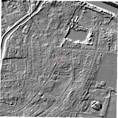 Shaded relief map of the ground around YO88DQ, computed from Environment Agency LiDAR. The ground here sits at about 6 m above sea level and falls 7 m across the surrounding 800 m. Surface water reaching this point runs off ground lying to the north-east, 0.8 m higher.