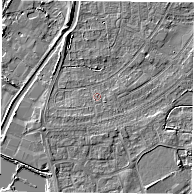 Shaded relief map of the ground around YO88DR, computed from Environment Agency LiDAR. The ground here sits at about 6 m above sea level and falls 5 m across the surrounding 800 m. Surface water reaching this point runs off ground lying to the south-west, 1.8 m higher.