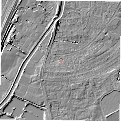 Shaded relief map of the ground around YO88DS, computed from Environment Agency LiDAR. The ground here sits at about 6 m above sea level and falls 7 m across the surrounding 800 m. Surface water reaching this point runs off ground lying to the south-south-west, 1.9 m higher.