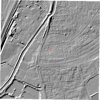 Shaded relief map of the ground around YO88DT, computed from Environment Agency LiDAR. The ground here sits at about 6 m above sea level and falls 7 m across the surrounding 800 m. Surface water reaching this point runs off ground lying to the south-west, 1.4 m higher.