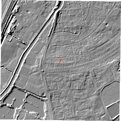 Shaded relief map of the ground around YO88DU, computed from Environment Agency LiDAR. The ground here sits at about 7 m above sea level and falls 7 m across the surrounding 800 m. Surface water reaching this point runs off ground lying to the south-west, 1.0 m higher.