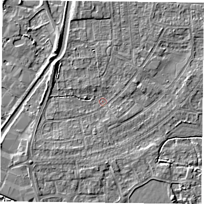 Shaded relief map of the ground around YO88DW, computed from Environment Agency LiDAR. The ground here sits at about 5 m above sea level and falls 6 m across the surrounding 800 m. Surface water reaching this point runs off ground lying to the south-west, 2.7 m higher.