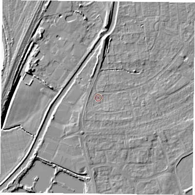 Shaded relief map of the ground around YO88DX, computed from Environment Agency LiDAR. The ground here sits at about 6 m above sea level and falls 7 m across the surrounding 800 m. Surface water reaching this point runs off ground lying to the south-south-west, 1.4 m higher.