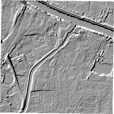 Shaded relief map of the ground around YO88DY, computed from Environment Agency LiDAR. The ground here sits at about 5 m above sea level and falls 11 m across the surrounding 800 m. Surface water reaching this point runs off ground lying to the south-west, 1.9 m higher.