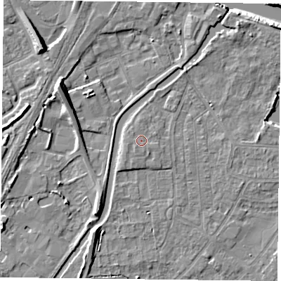 Shaded relief map of the ground around YO88DZ, computed from Environment Agency LiDAR. The ground here sits at about 6 m above sea level and falls 11 m across the surrounding 800 m. Surface water reaching this point runs off ground lying to the south-west, 0.7 m higher.