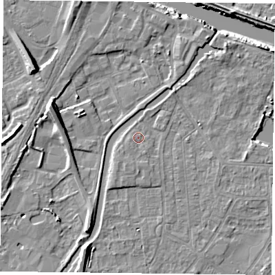 Shaded relief map of the ground around YO88EA, computed from Environment Agency LiDAR. The ground here sits at about 6 m above sea level and falls 11 m across the surrounding 800 m. Surface water reaching this point runs off ground lying to the south-south-east, 0.7 m higher.
