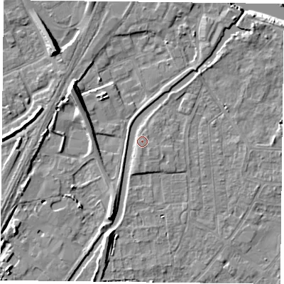 Shaded relief map of the ground around YO88EB, computed from Environment Agency LiDAR. The ground here sits at about 6 m above sea level and falls 11 m across the surrounding 800 m. Surface water reaching this point runs off ground lying to the south, 1.6 m higher.