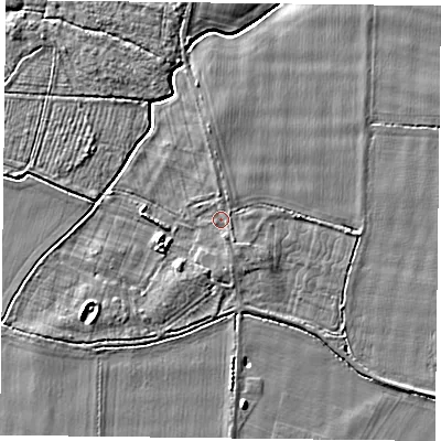 Shaded relief map of the ground around YO88EG, computed from Environment Agency LiDAR. The ground here sits at about 5 m above sea level and falls 5 m across the surrounding 800 m. Surface water reaching this point runs off ground lying to the south, 1.1 m higher.