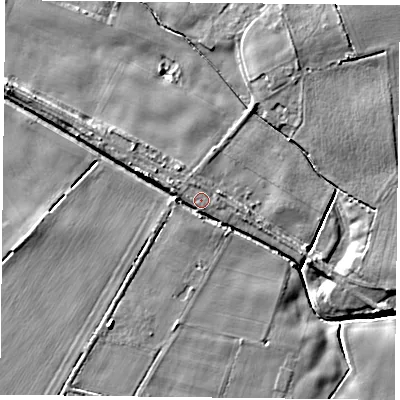 Shaded relief map of the ground around YO88EZ, computed from Environment Agency LiDAR. The ground here sits at about 5 m above sea level and falls 6 m across the surrounding 800 m. Surface water reaching this point runs off ground lying to the east-north-east, 1.2 m higher.