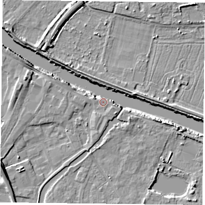 Shaded relief map of the ground around YO88FD, computed from Environment Agency LiDAR. The ground here sits at about 6 m above sea level and falls 10 m across the surrounding 800 m. Surface water reaching this point runs off ground lying to the east-south-east, 7.1 m higher.