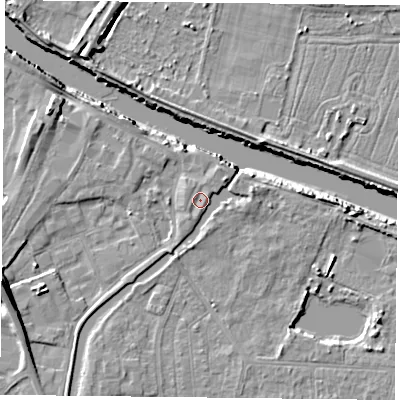 Shaded relief map of the ground around YO88FE, computed from Environment Agency LiDAR. The ground here sits at about 6 m above sea level and falls 10 m across the surrounding 800 m. Surface water reaching this point runs off ground lying to the east, 2.1 m higher.