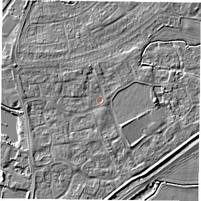 Shaded relief map of the ground around YO88FF, computed from Environment Agency LiDAR. The ground here sits at about 6 m above sea level and falls 5 m across the surrounding 800 m. Surface water reaching this point runs off ground lying to the north-west, 0.6 m higher.