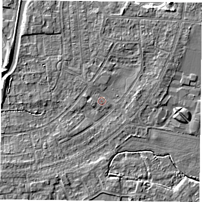 Shaded relief map of the ground around YO88FG, computed from Environment Agency LiDAR. The ground here sits at about 5 m above sea level and falls 6 m across the surrounding 800 m. Surface water reaching this point runs off ground lying to the west-north-west, 4.9 m higher.