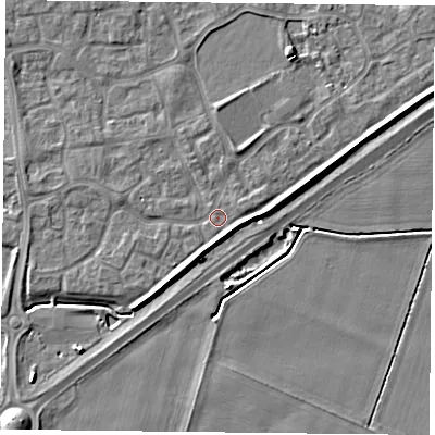 Shaded relief map of the ground around YO88FH, computed from Environment Agency LiDAR. The ground here sits at about 6 m above sea level and falls 6 m across the surrounding 800 m. Surface water reaching this point runs off ground lying to the south-west, 2.9 m higher.