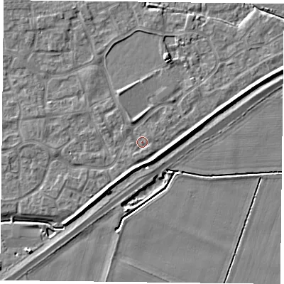 Shaded relief map of the ground around YO88FL, computed from Environment Agency LiDAR. The ground here sits at about 6 m above sea level and falls 5 m across the surrounding 800 m. Surface water reaching this point runs off ground lying to the south-south-west, 1.0 m higher.