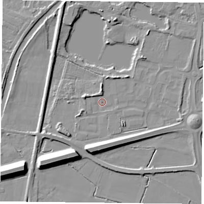 Shaded relief map of the ground around YO88FN, computed from Environment Agency LiDAR. The ground here sits at about 6 m above sea level and falls 13 m across the surrounding 800 m. Surface water reaching this point runs off ground lying to the west-north-west, 3.4 m higher.