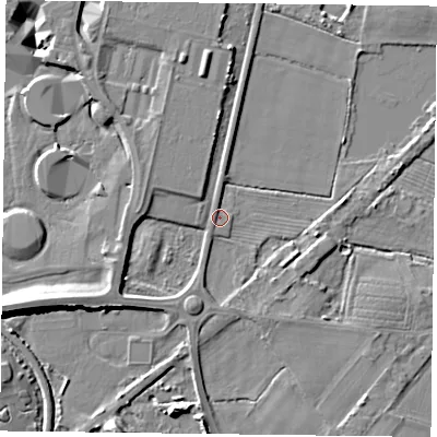 Shaded relief map of the ground around YO88FP, computed from Environment Agency LiDAR. The ground here sits at about 4 m above sea level and falls 11 m across the surrounding 800 m. Surface water reaching this point runs off ground lying to the west-south-west, 4.5 m higher.